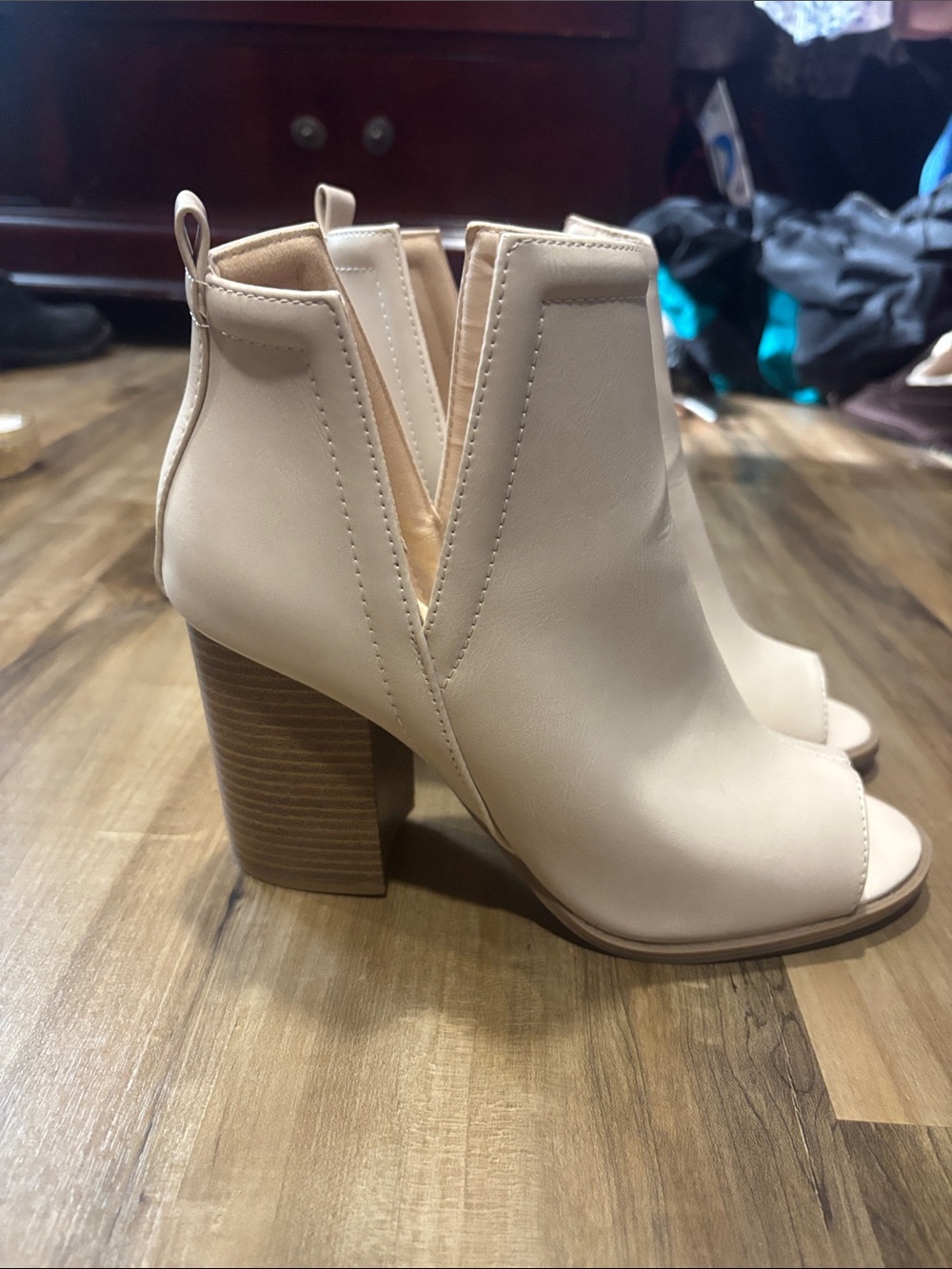 Pink Lily Cream Peep-Toe Stacked Block Heel Ankle Boots